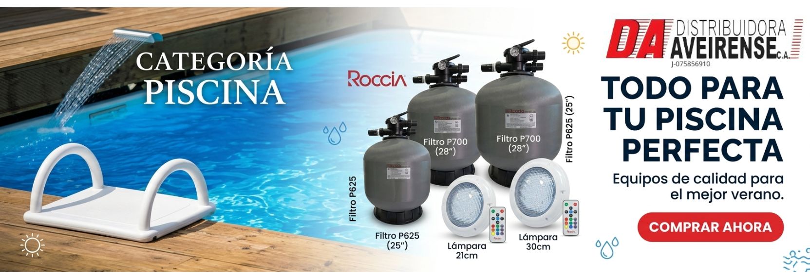 Mantén el agua de tus instalaciones cristalina, segura y en perfectas condiciones operativas. En Distribuidora Aveirense te ofrecemos una línea premium de equipamiento para piscinas, diseñada para garantizar un mantenimiento eficiente y de alto rendimiento. Contamos con el respaldo de marcas líderes en ingeniería hidráulica como Saccin, asegurando sistemas de filtración robustos y accesorios que elevan la estética y el confort de cualquier área recreativa, hotelera o residencial.